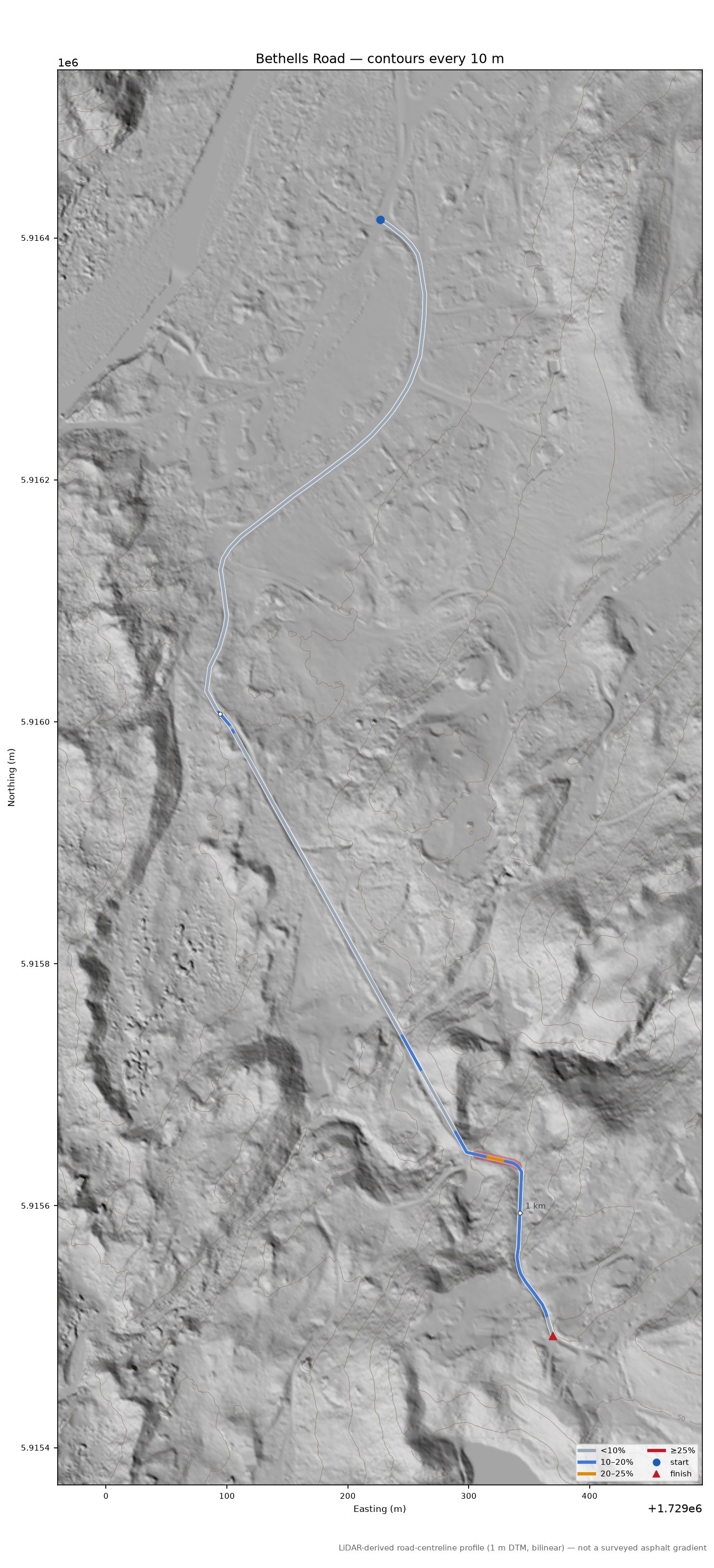 Bethells Road LiDAR hillshade map with contours