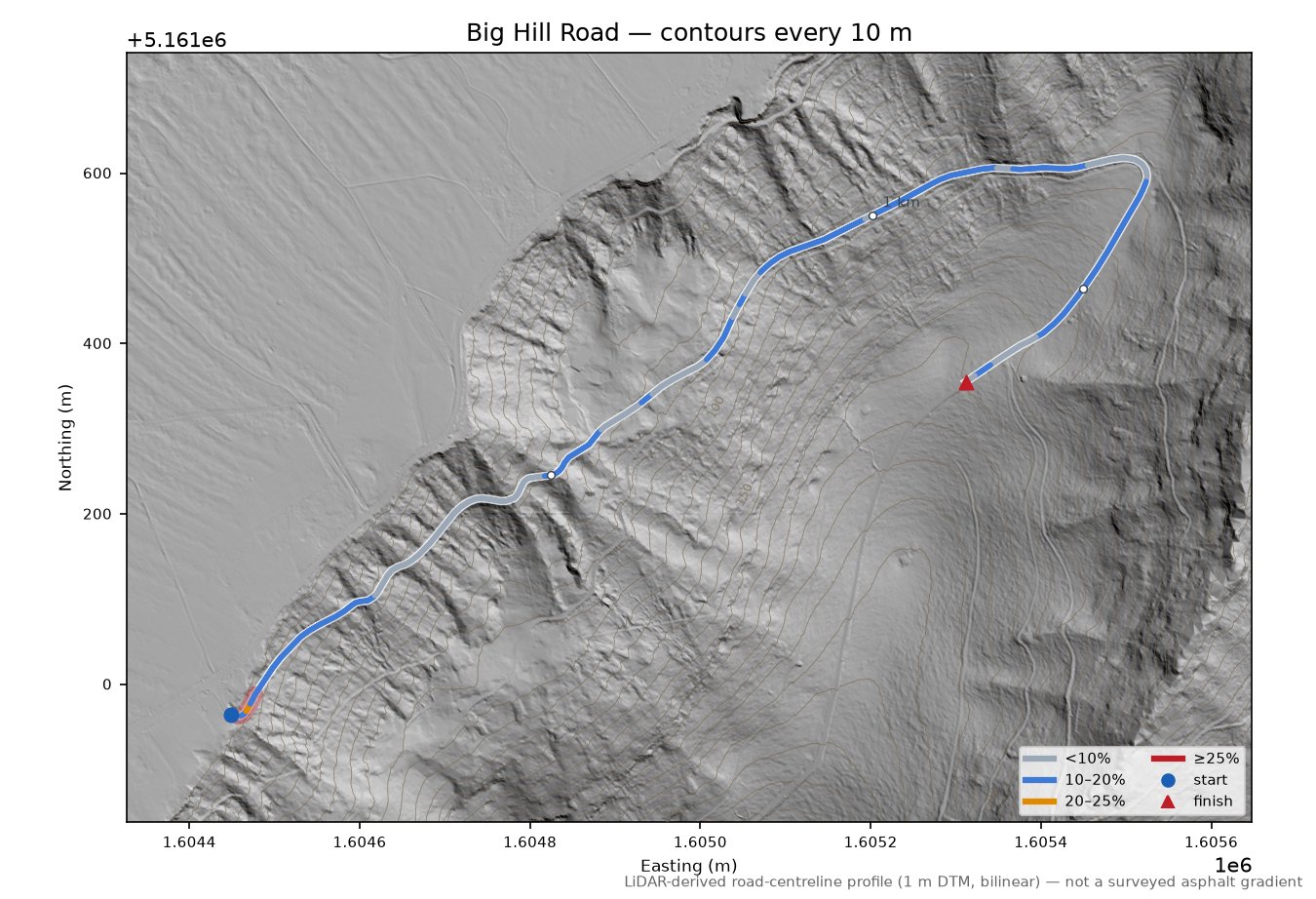 Big Hill Road LiDAR hillshade map with contours