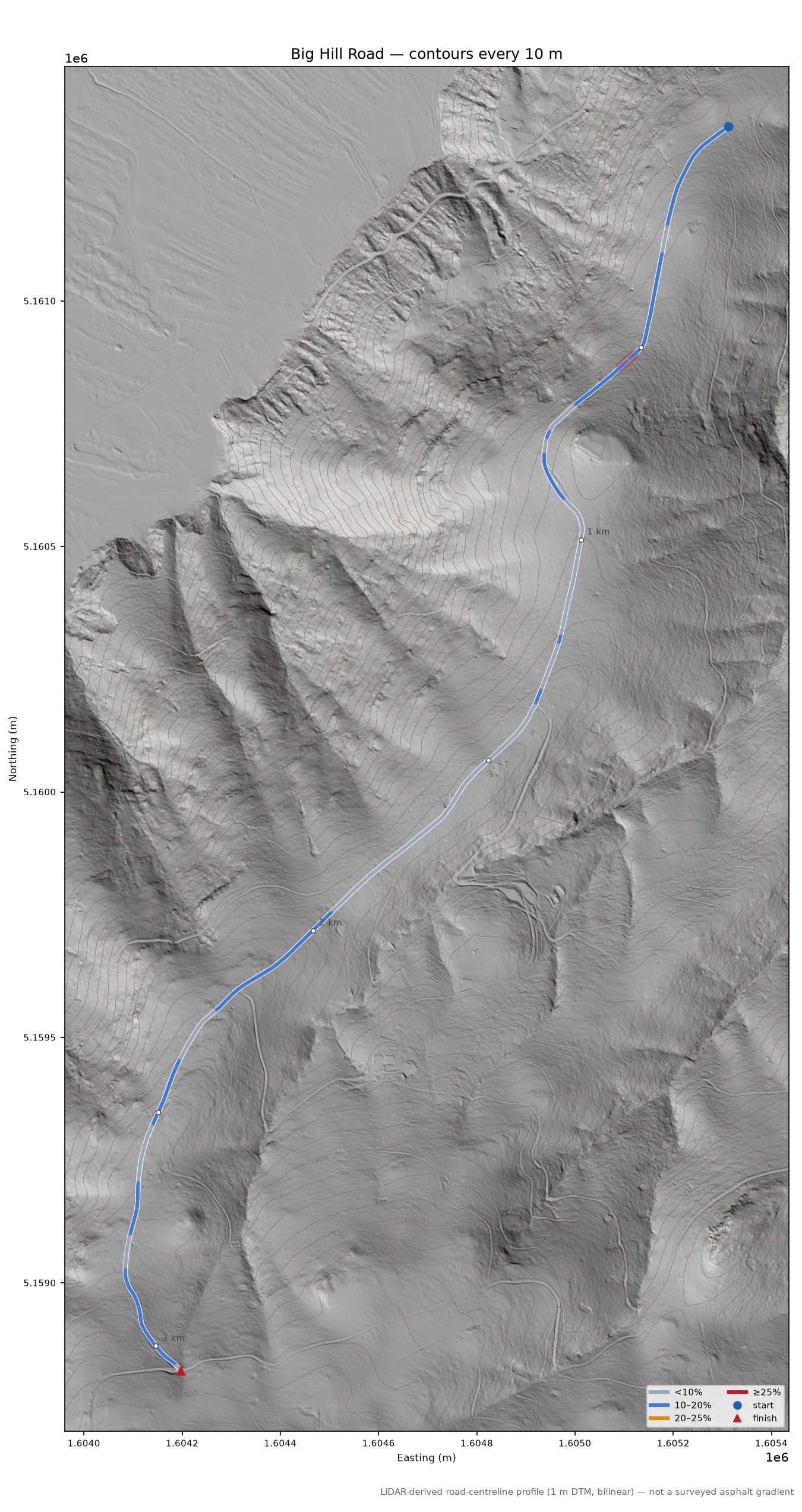 Big Hill Road LiDAR hillshade map with contours