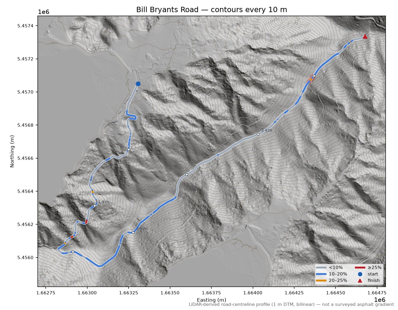 Bill Bryants Road LiDAR hillshade map with contours