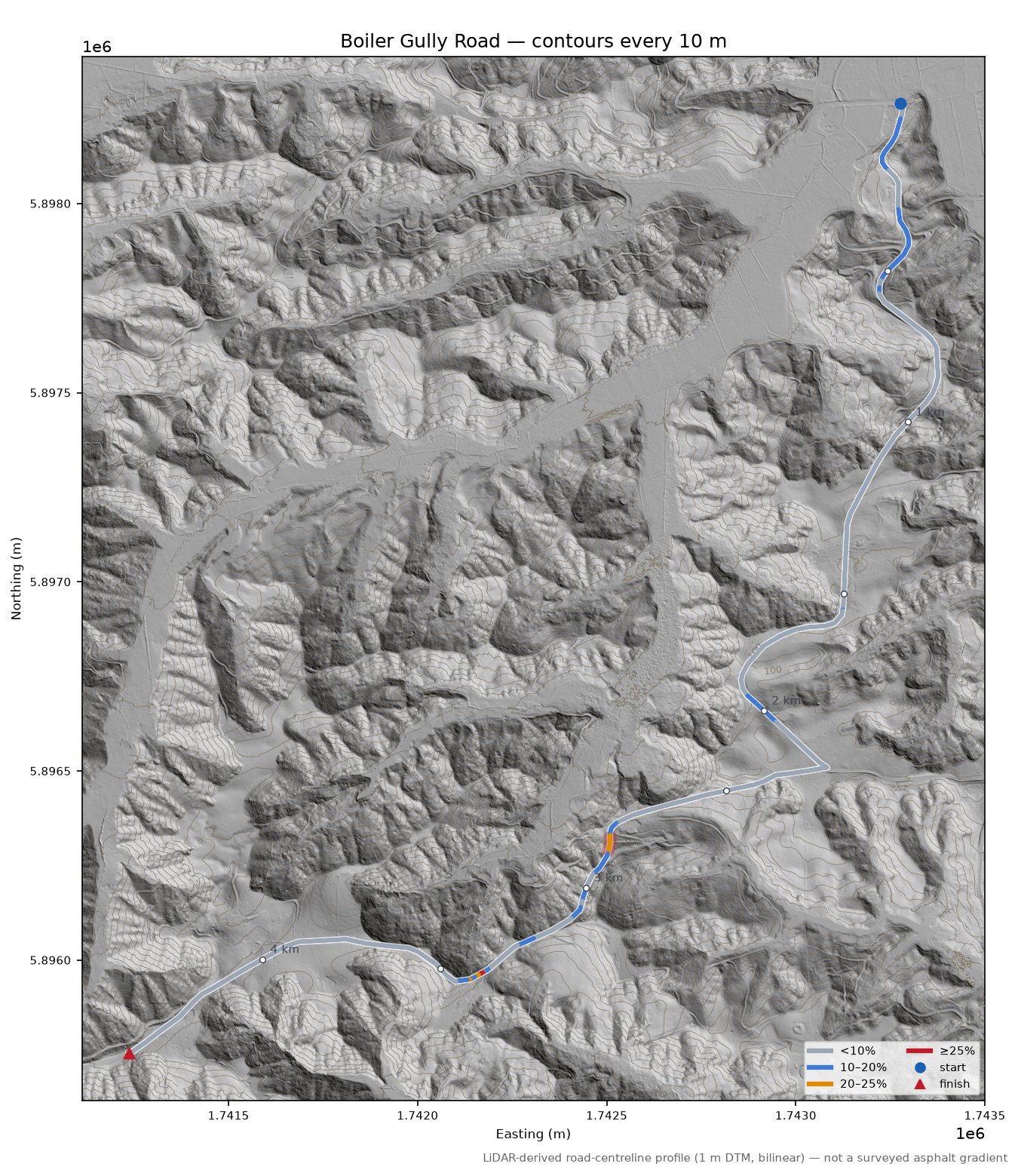 Boiler Gully Road LiDAR hillshade map with contours