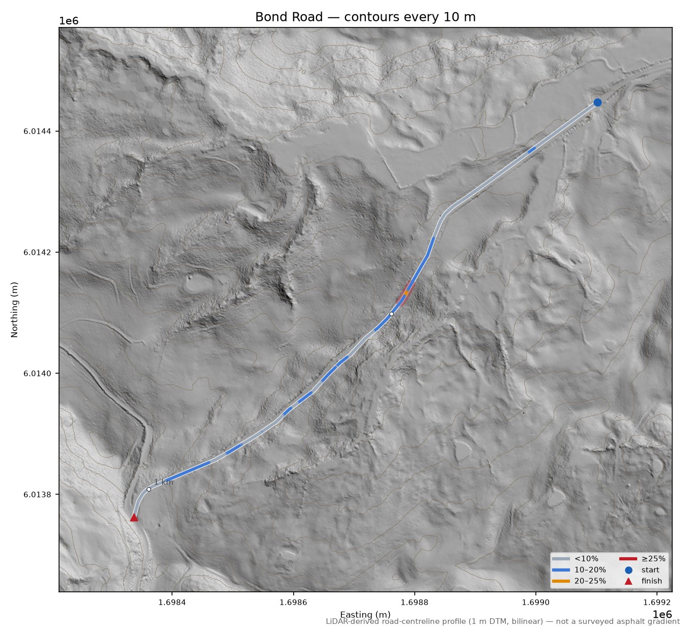 Bond Road LiDAR hillshade map with contours