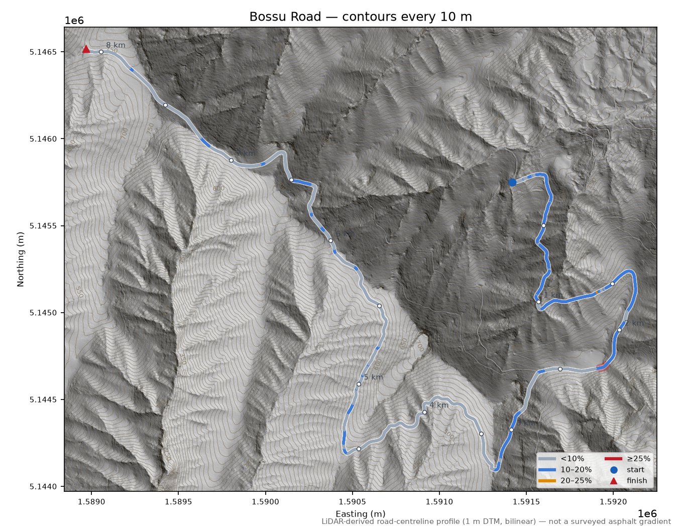 Bossu Road LiDAR hillshade map with contours