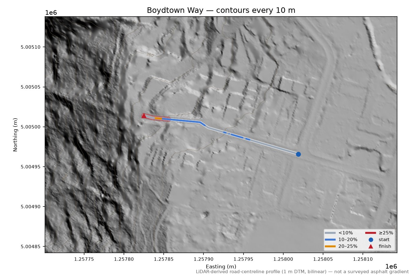Boydtown Way LiDAR hillshade map with contours