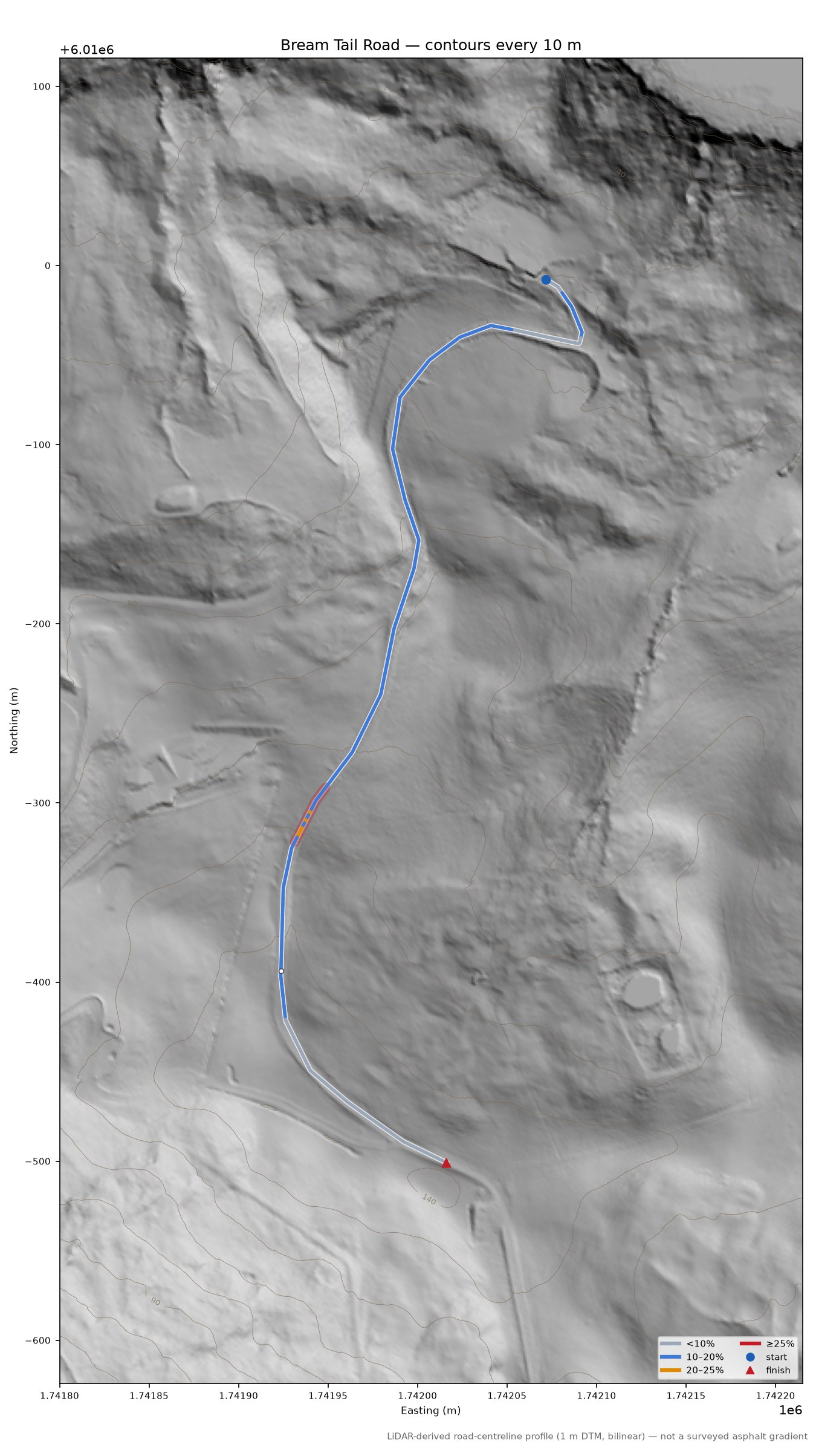 Bream Tail Road LiDAR hillshade map with contours