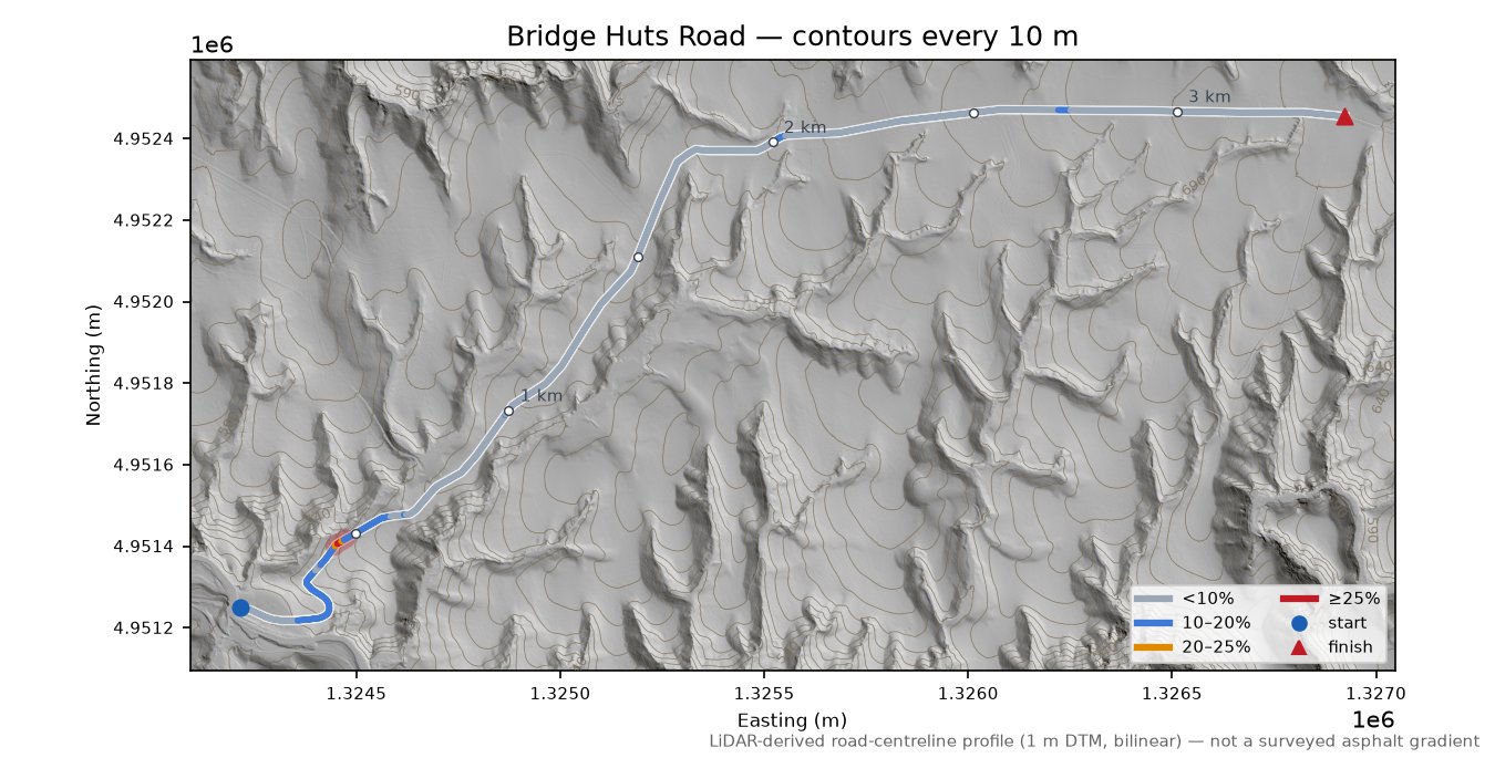 Bridge Huts Road LiDAR hillshade map with contours