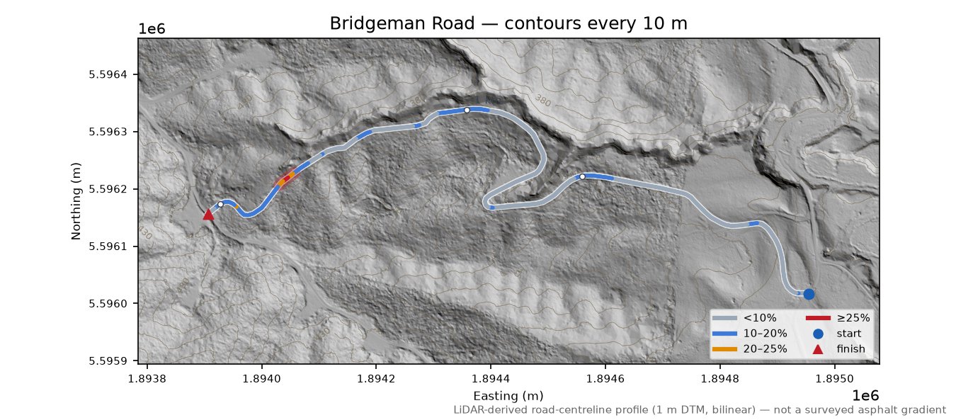 Bridgeman Road LiDAR hillshade map with contours