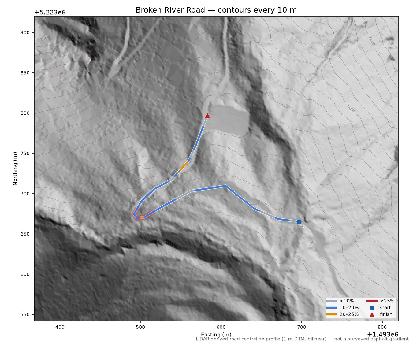 Broken River Road LiDAR hillshade map with contours
