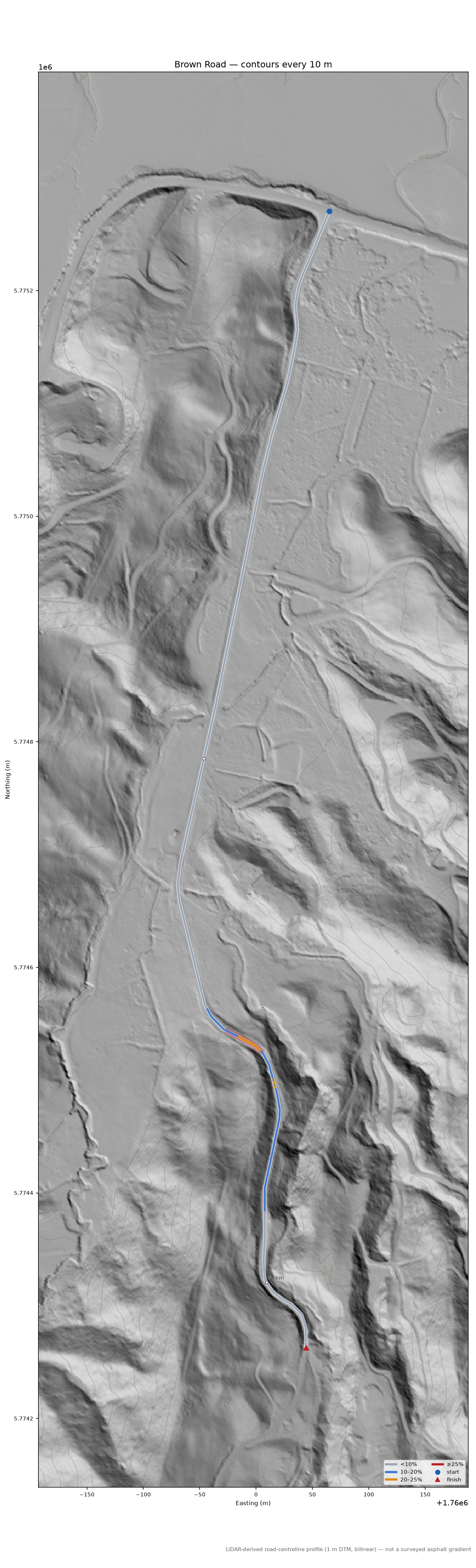 Brown Road LiDAR hillshade map with contours