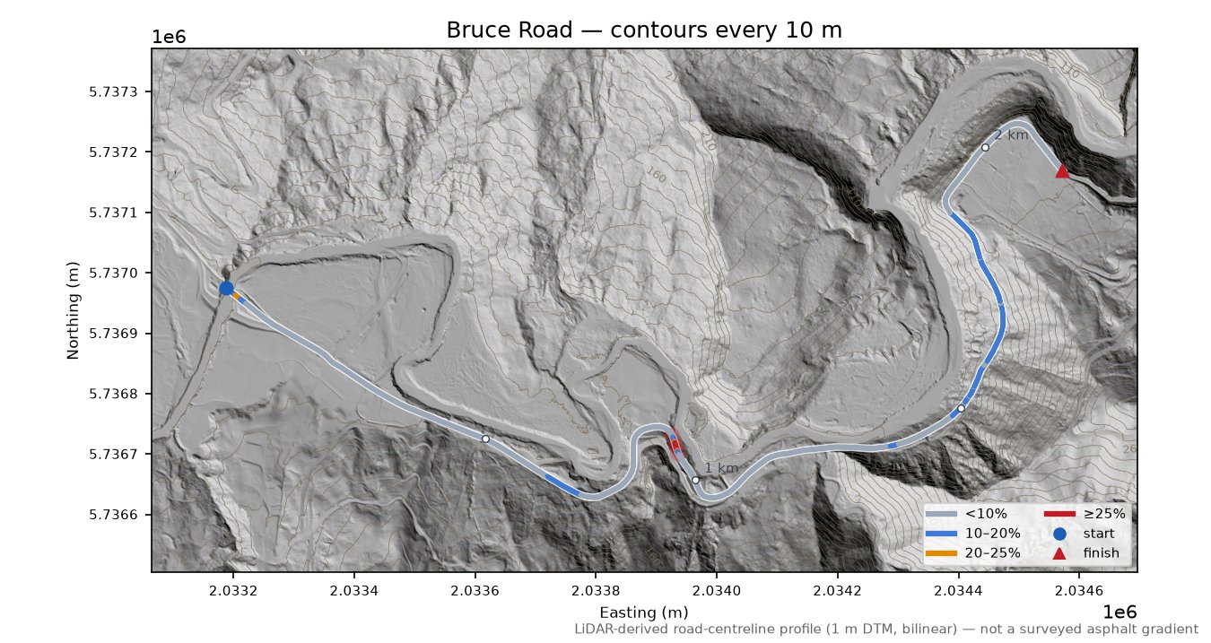 Bruce Road LiDAR hillshade map with contours