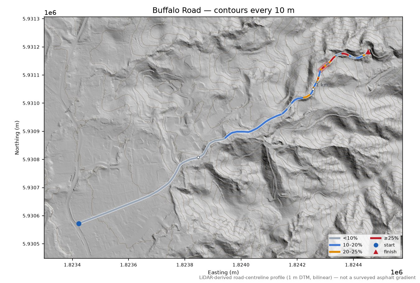 Buffalo Road LiDAR hillshade map with contours