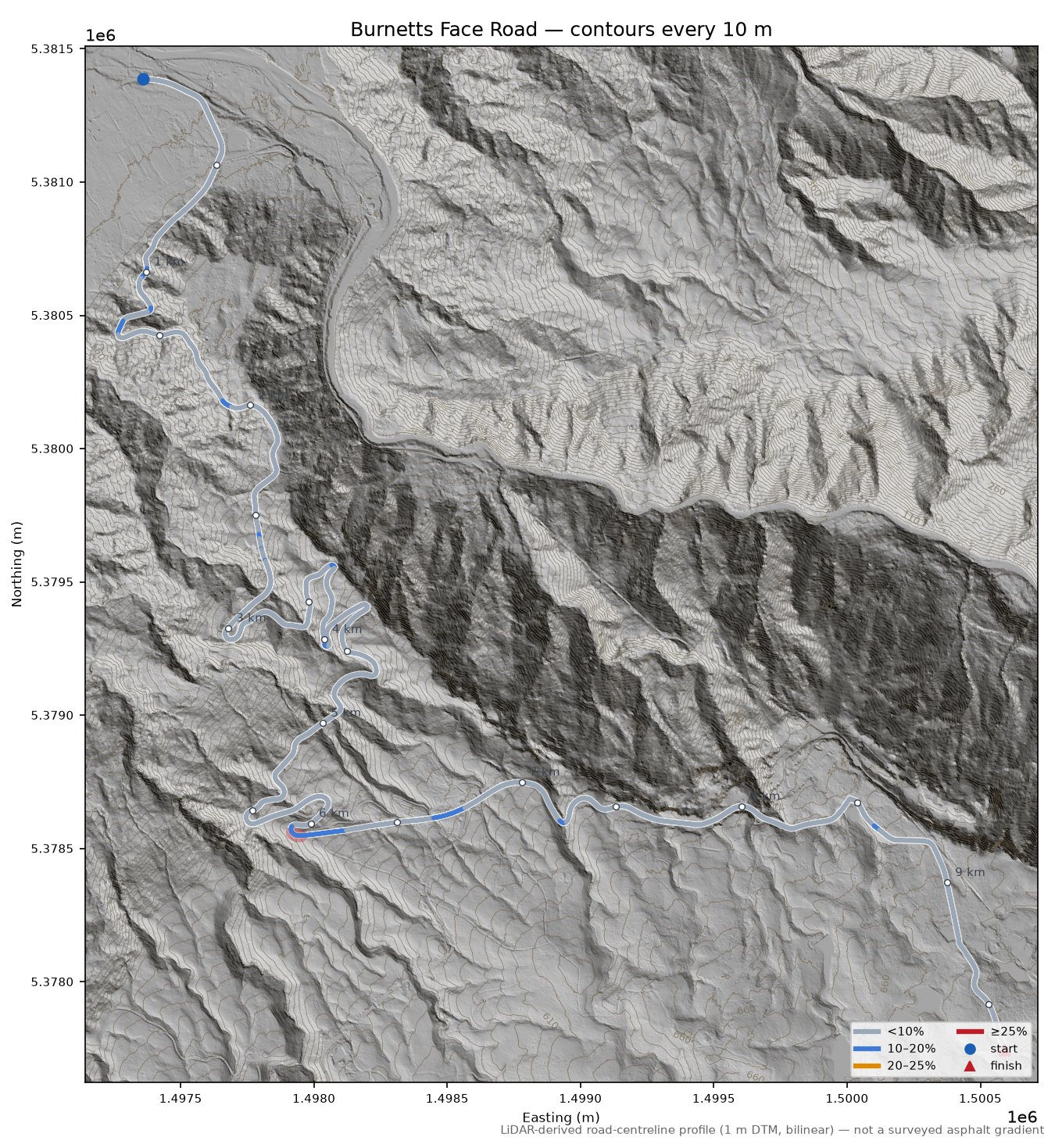 Burnetts Face Road LiDAR hillshade map with contours
