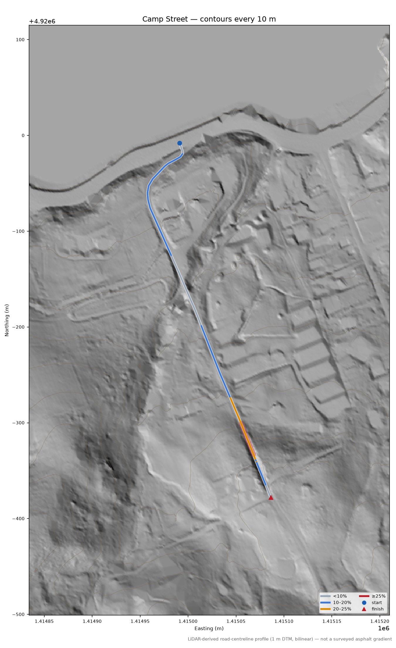 Camp Street LiDAR hillshade map with contours