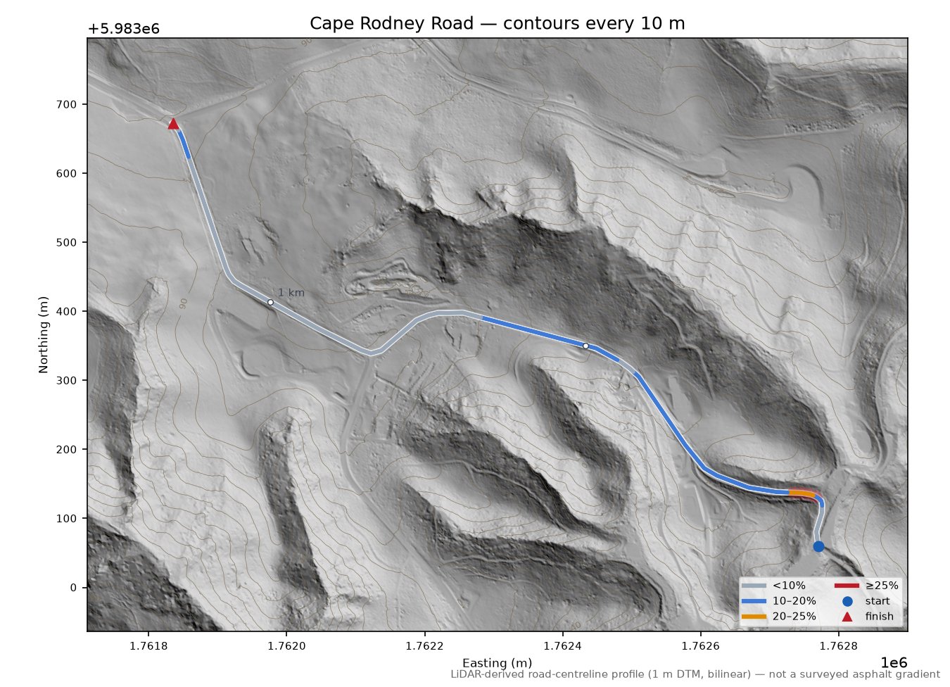Cape Rodney Road LiDAR hillshade map with contours