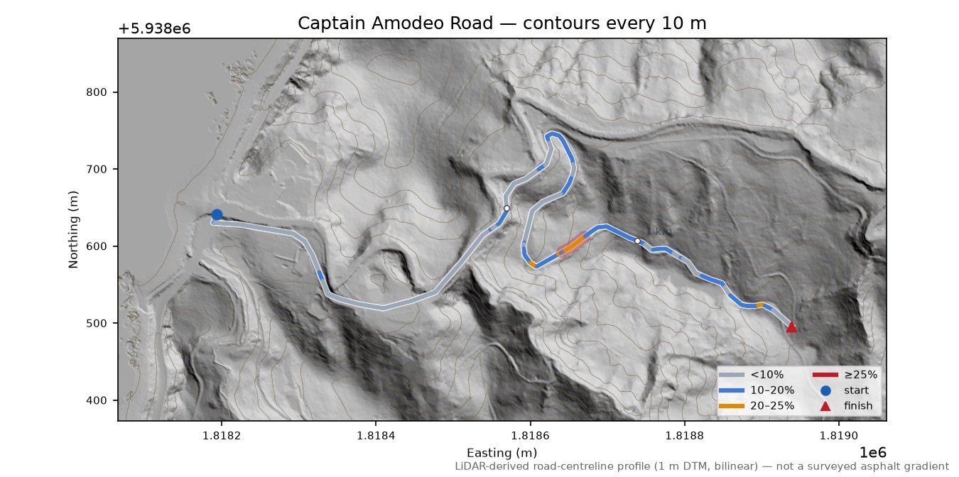 Captain Amodeo Road LiDAR hillshade map with contours