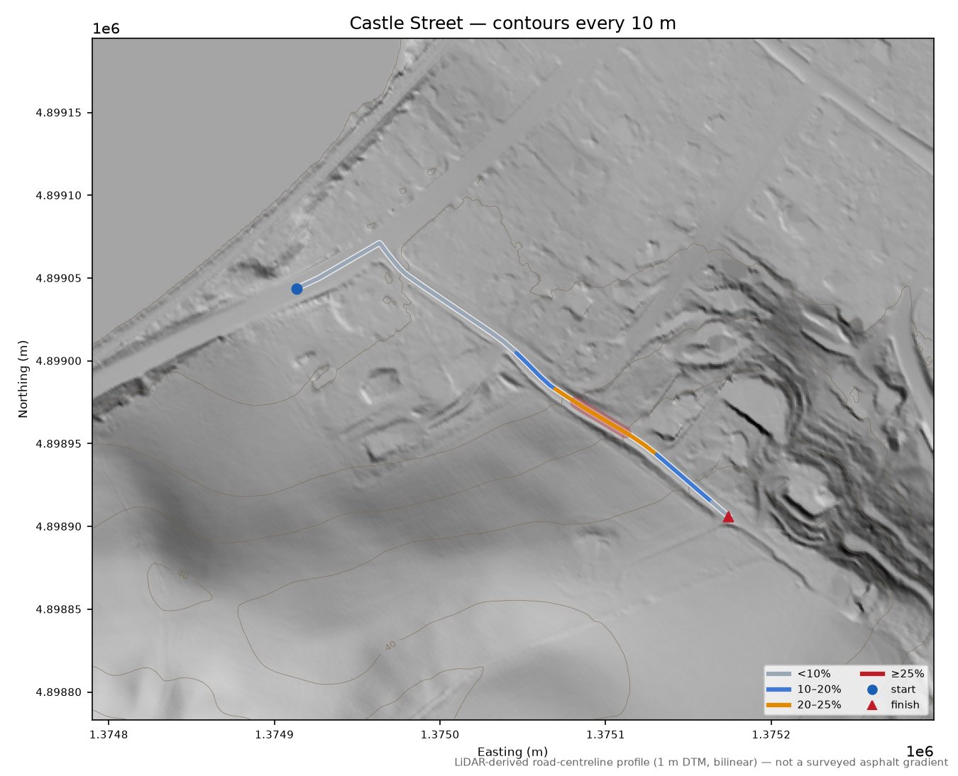 Castle Street LiDAR hillshade map with contours