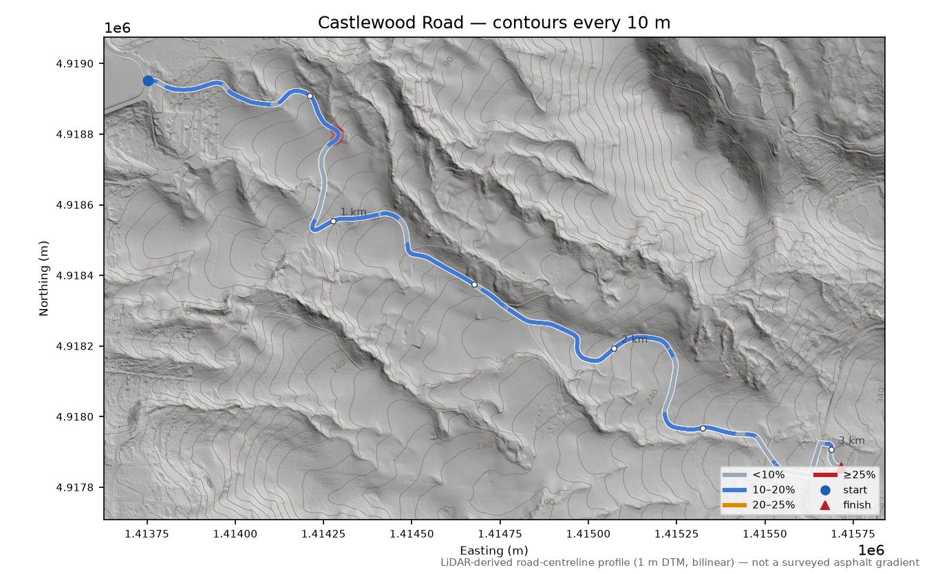 Castlewood Road LiDAR hillshade map with contours