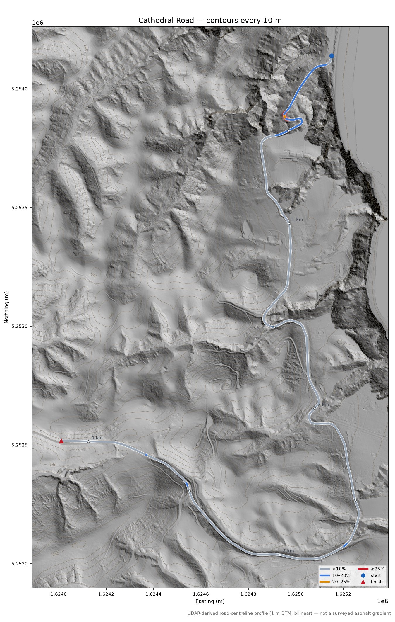 Cathedral Road LiDAR hillshade map with contours