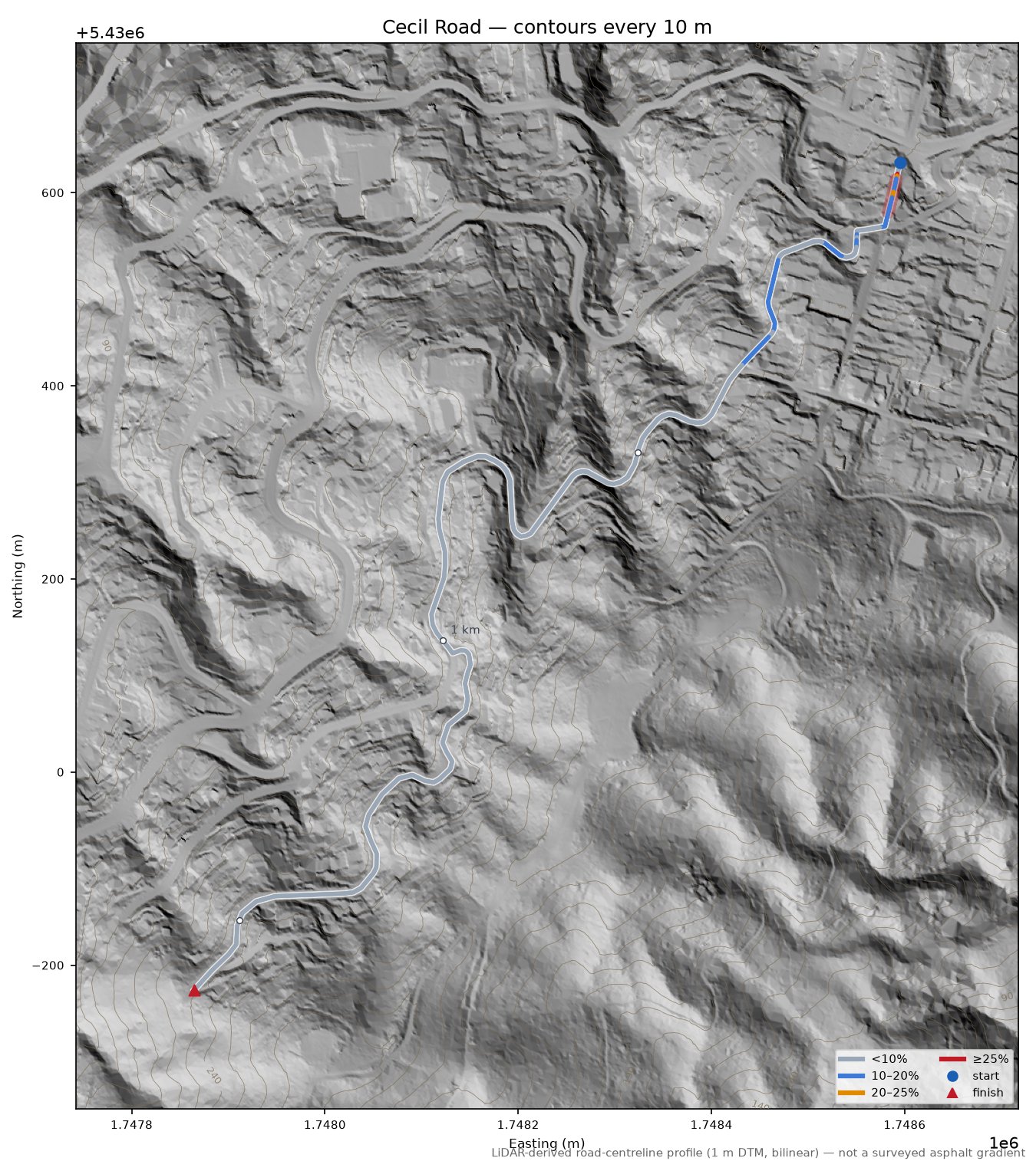 Cecil Road LiDAR hillshade map with contours