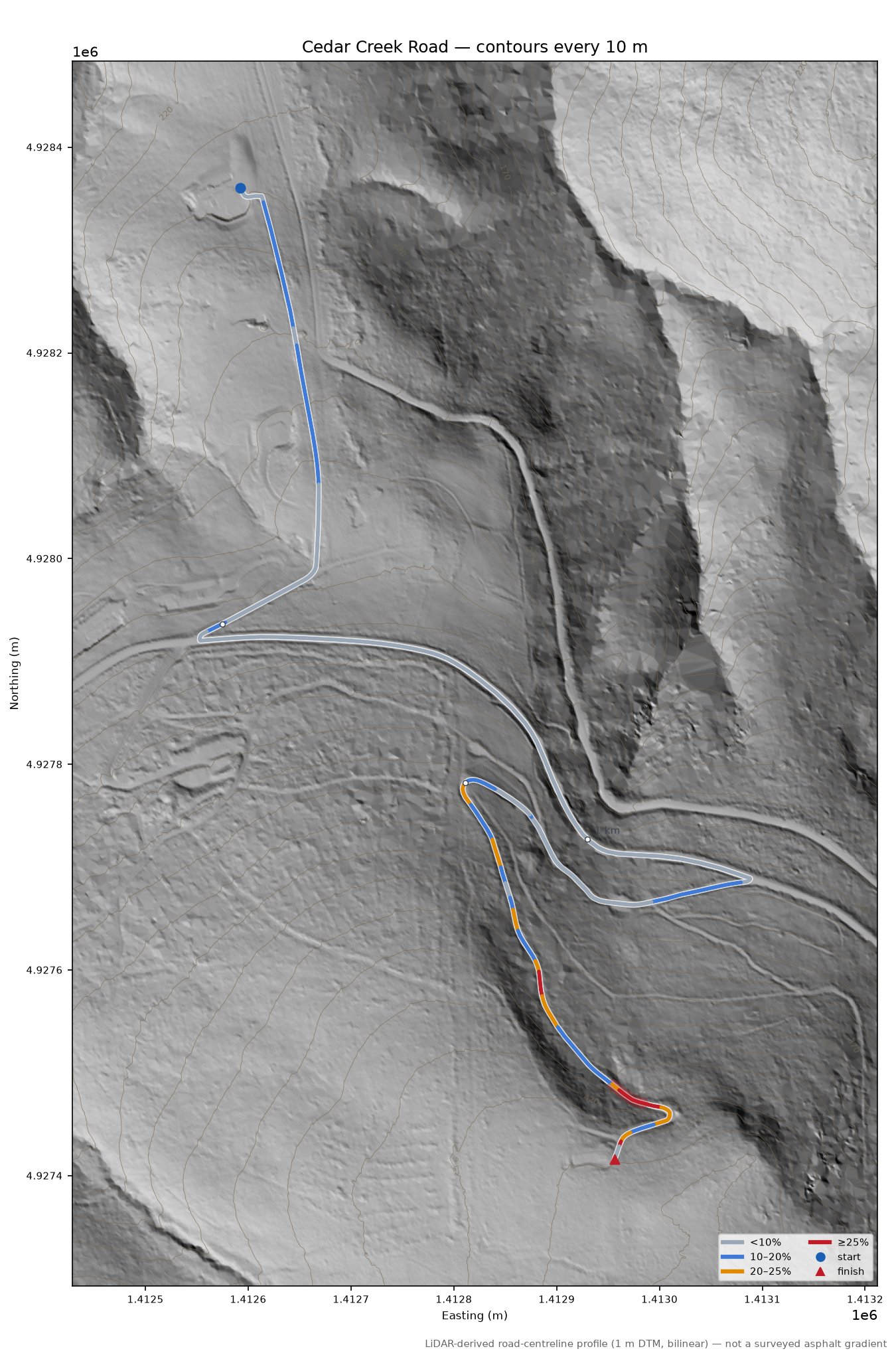 Cedar Creek Road LiDAR hillshade map with contours