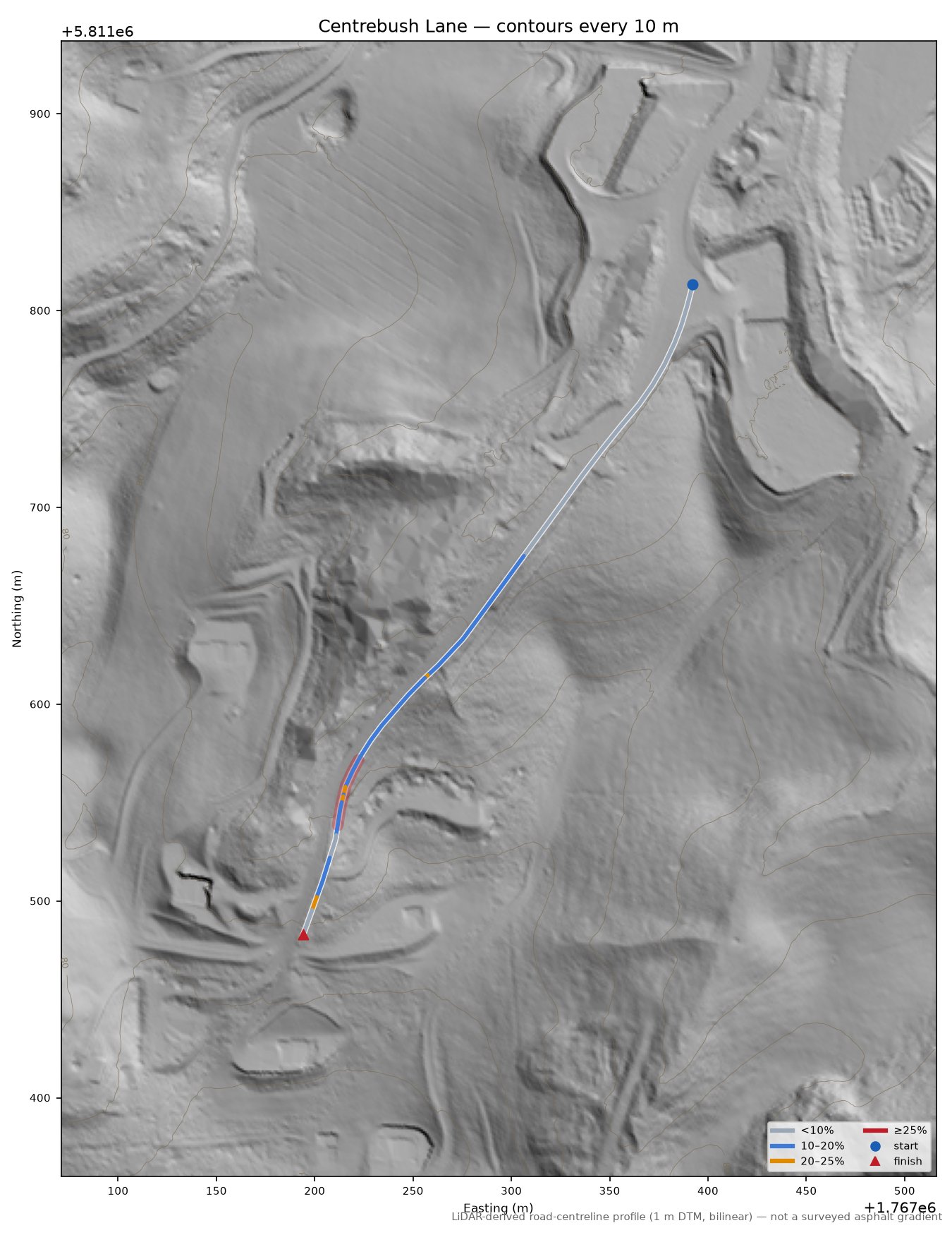 Centrebush Lane LiDAR hillshade map with contours