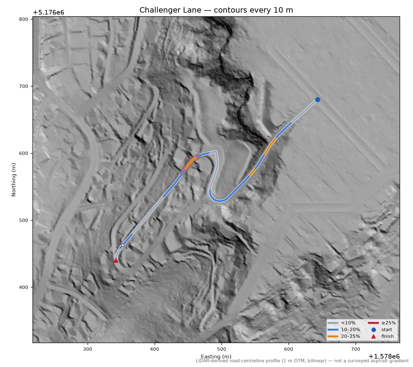 Challenger Lane LiDAR hillshade map with contours