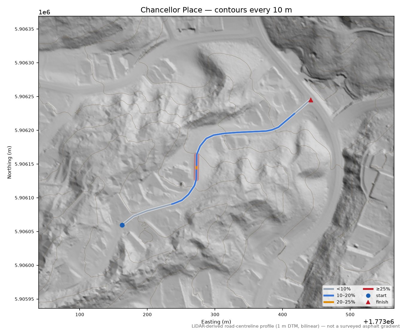 Chancellor Place LiDAR hillshade map with contours