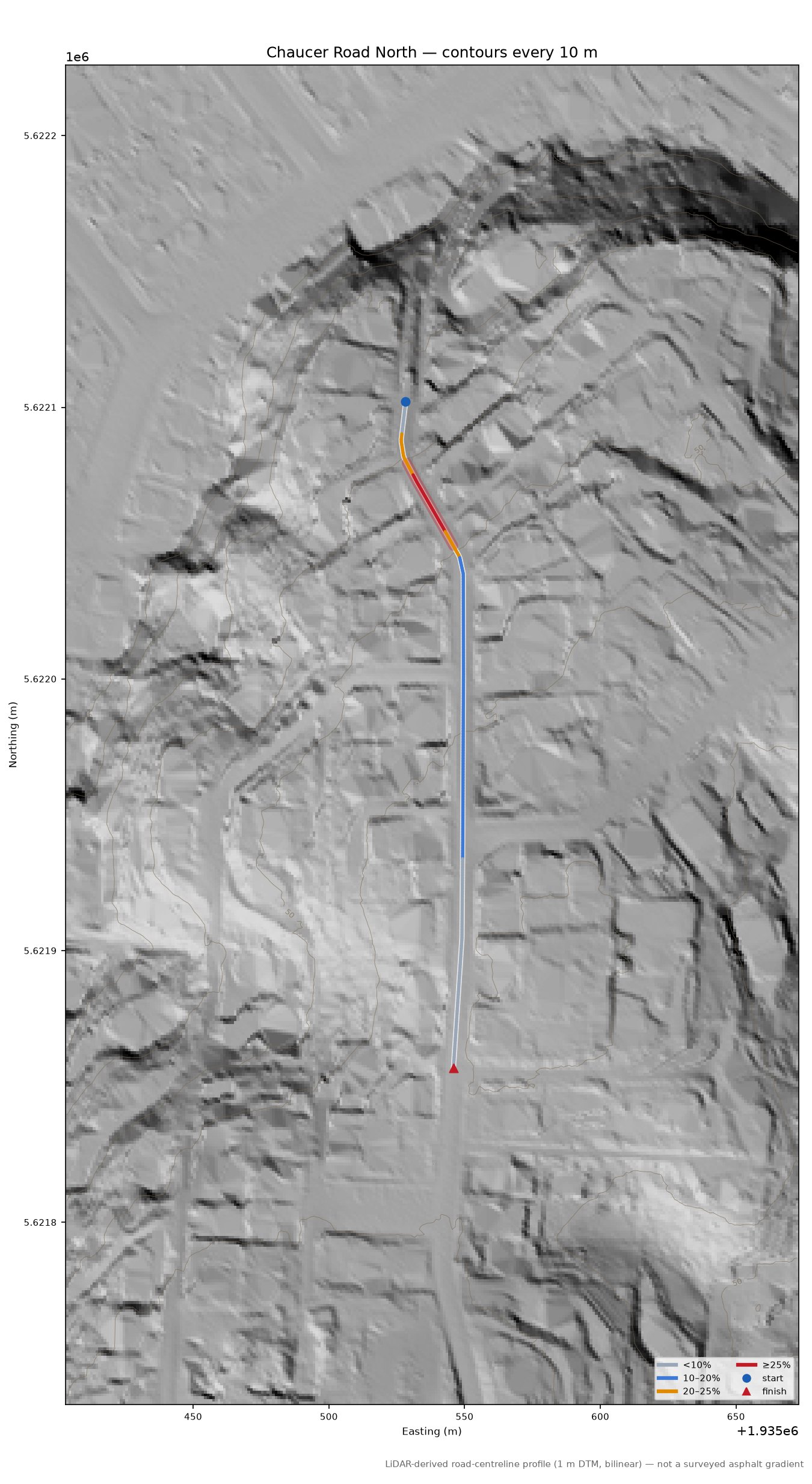 Chaucer Road North LiDAR hillshade map with contours