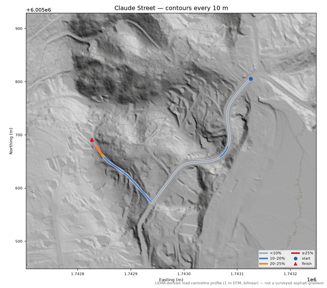 Claude Street LiDAR hillshade map with contours