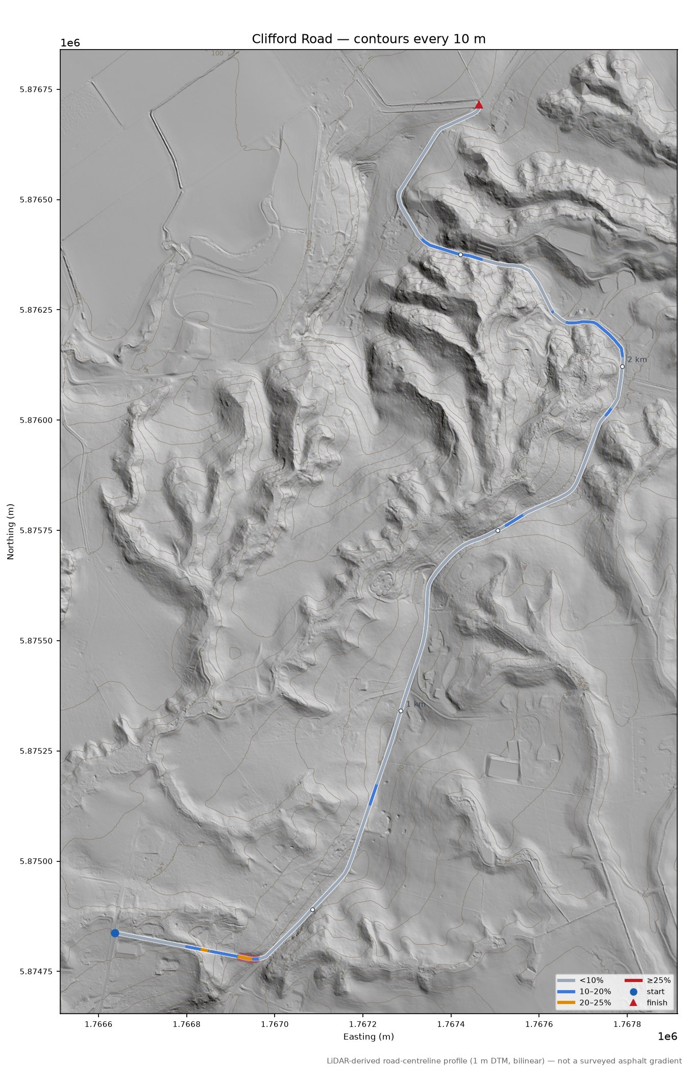 Clifford Road LiDAR hillshade map with contours