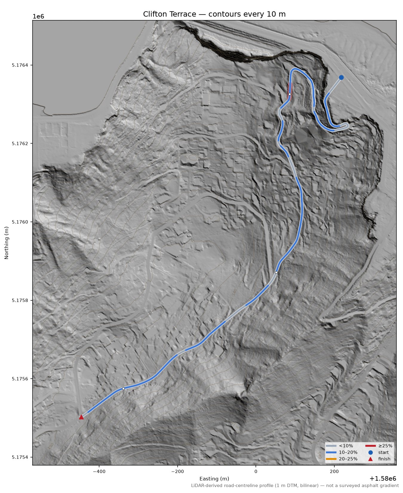 Clifton Terrace LiDAR hillshade map with contours