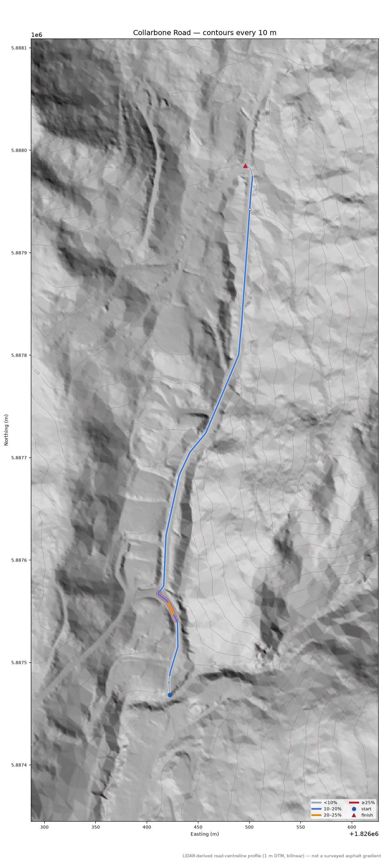 Collarbone Road LiDAR hillshade map with contours