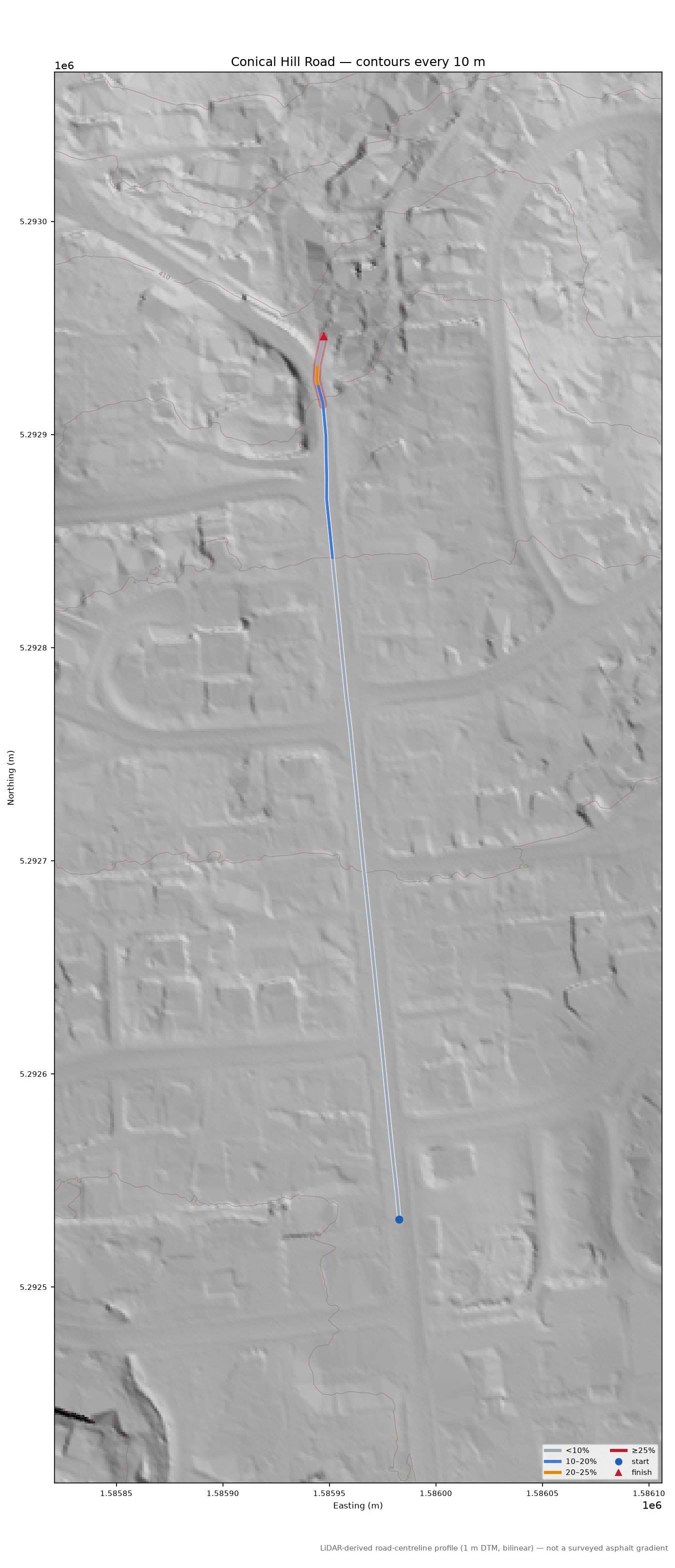 Conical Hill Road LiDAR hillshade map with contours