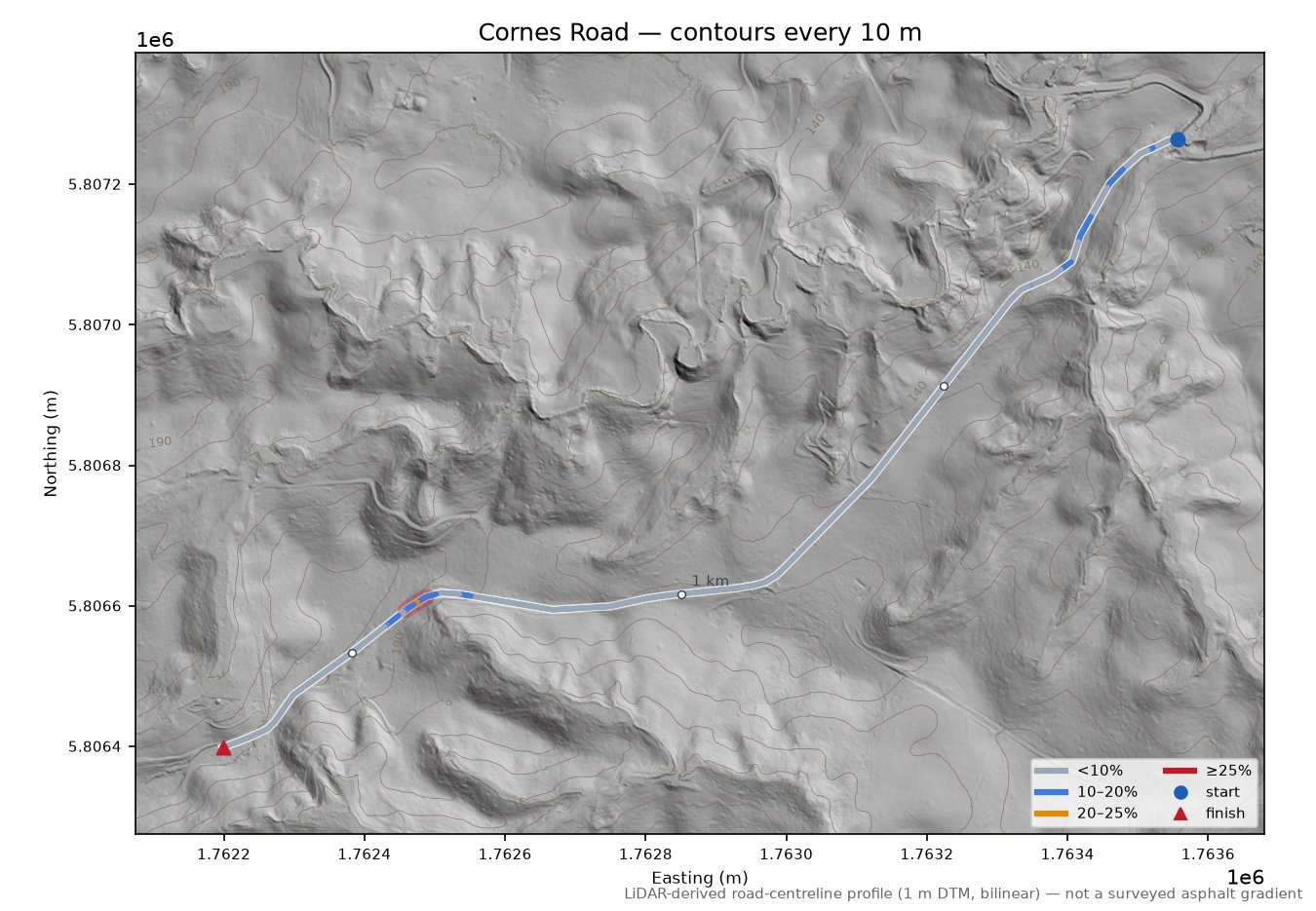 Cornes Road LiDAR hillshade map with contours