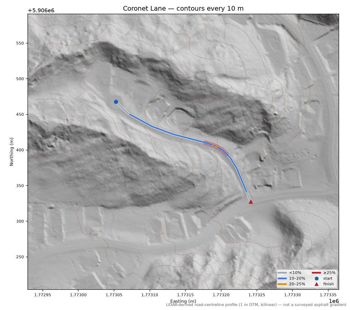 Coronet Lane LiDAR hillshade map with contours