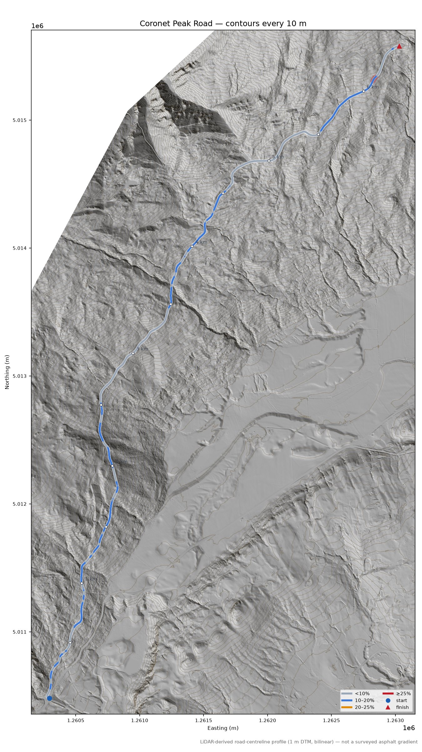 Coronet Peak Road LiDAR hillshade map with contours