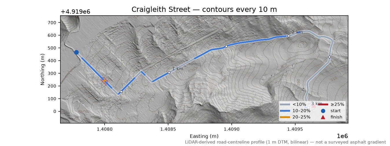Craigleith Street LiDAR hillshade map with contours