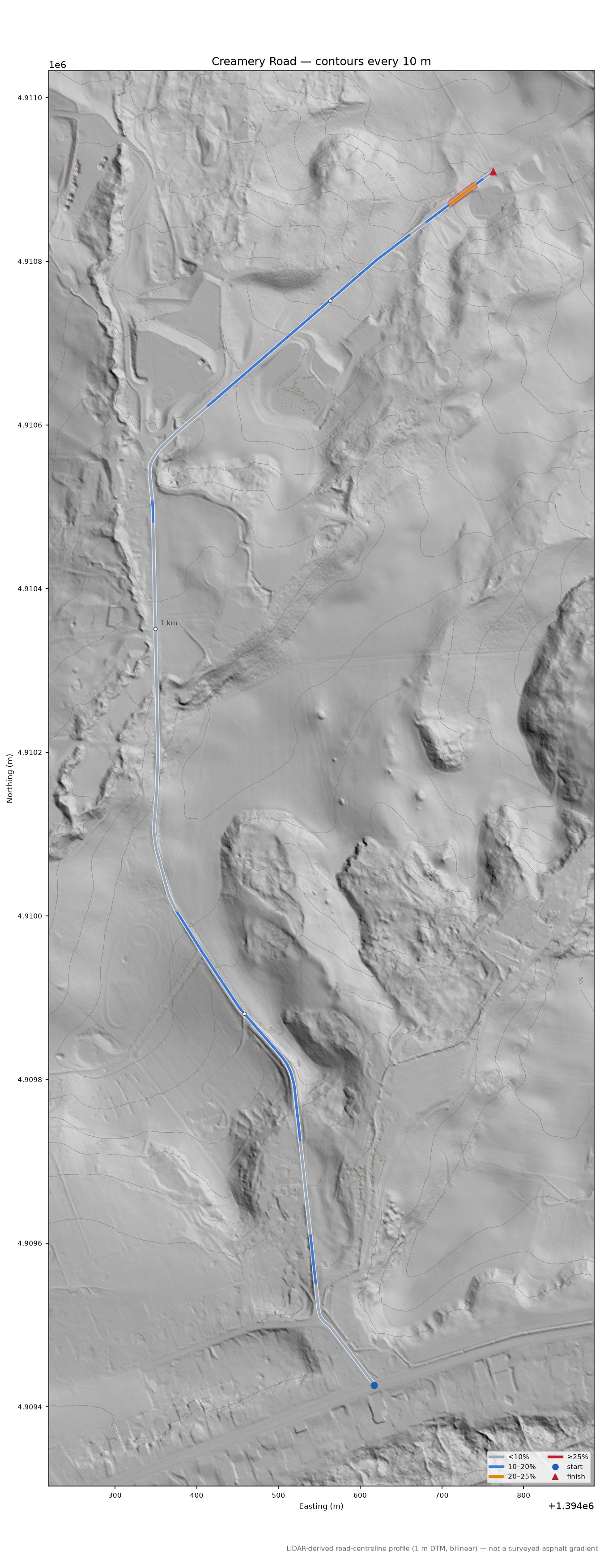 Creamery Road LiDAR hillshade map with contours