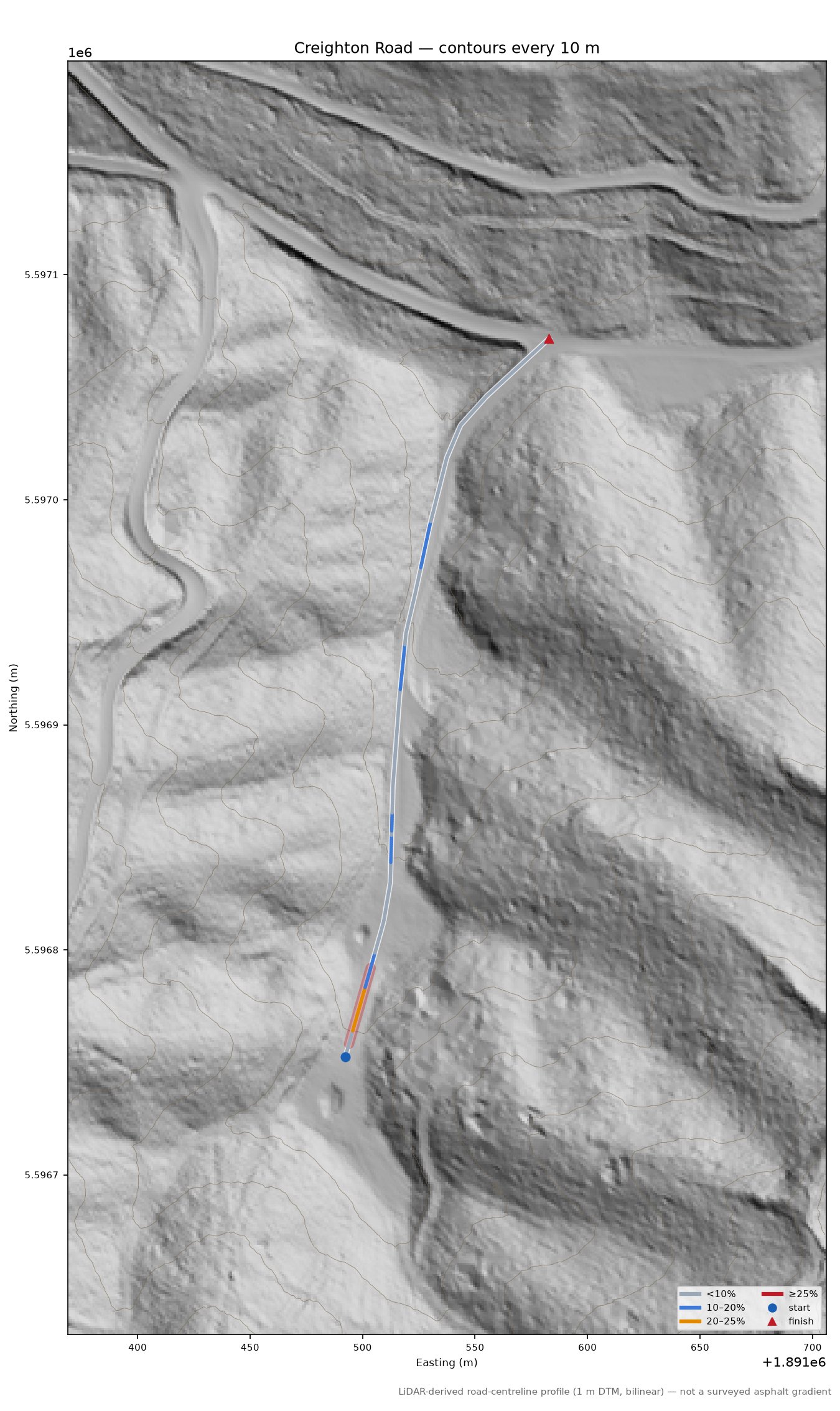 Creighton Road LiDAR hillshade map with contours