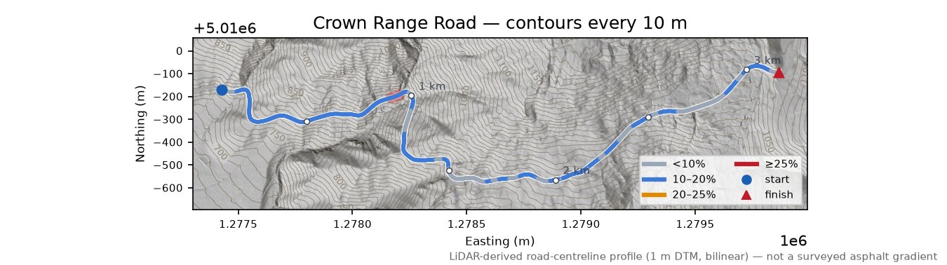 Crown Range Road LiDAR hillshade map with contours