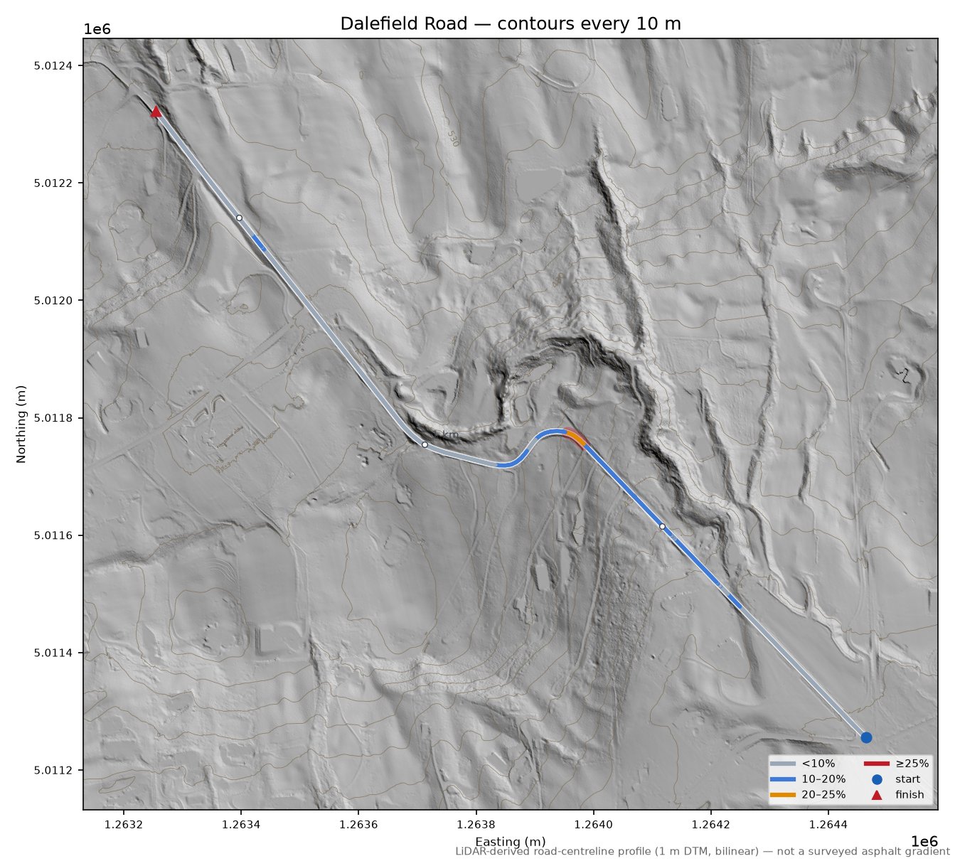 Dalefield Road LiDAR hillshade map with contours