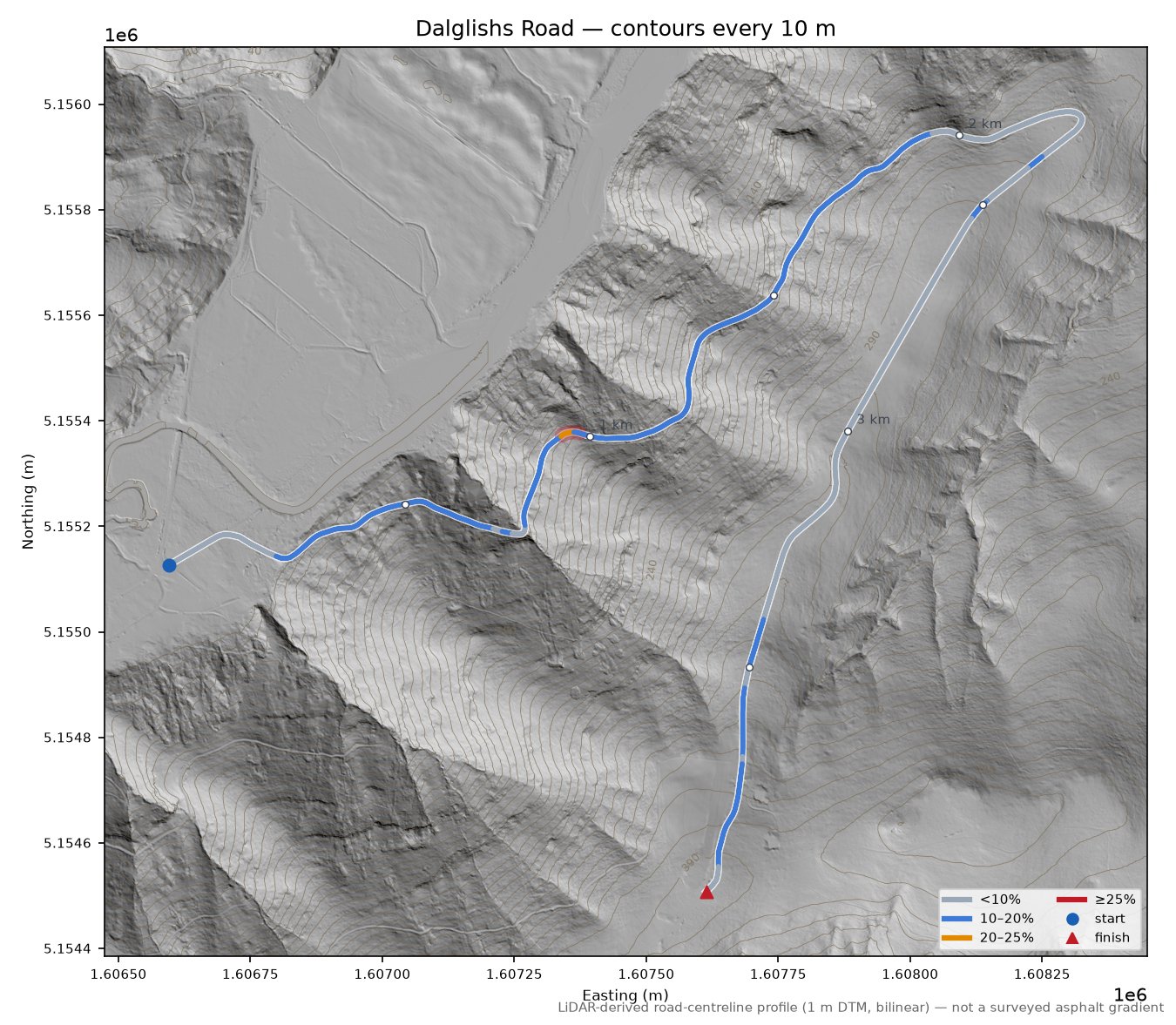 Dalglishs Road LiDAR hillshade map with contours