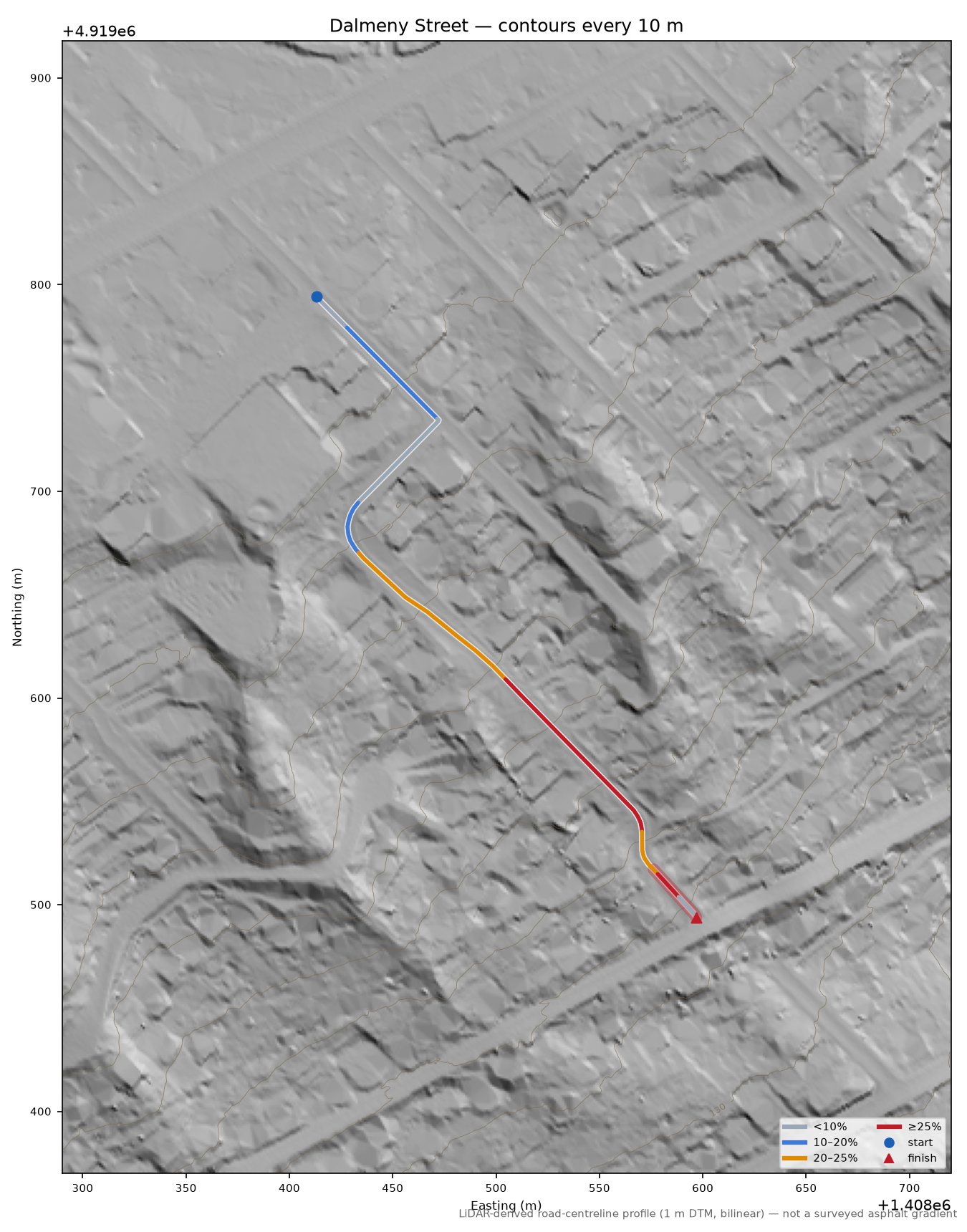 Dalmeny Street LiDAR hillshade map with contours