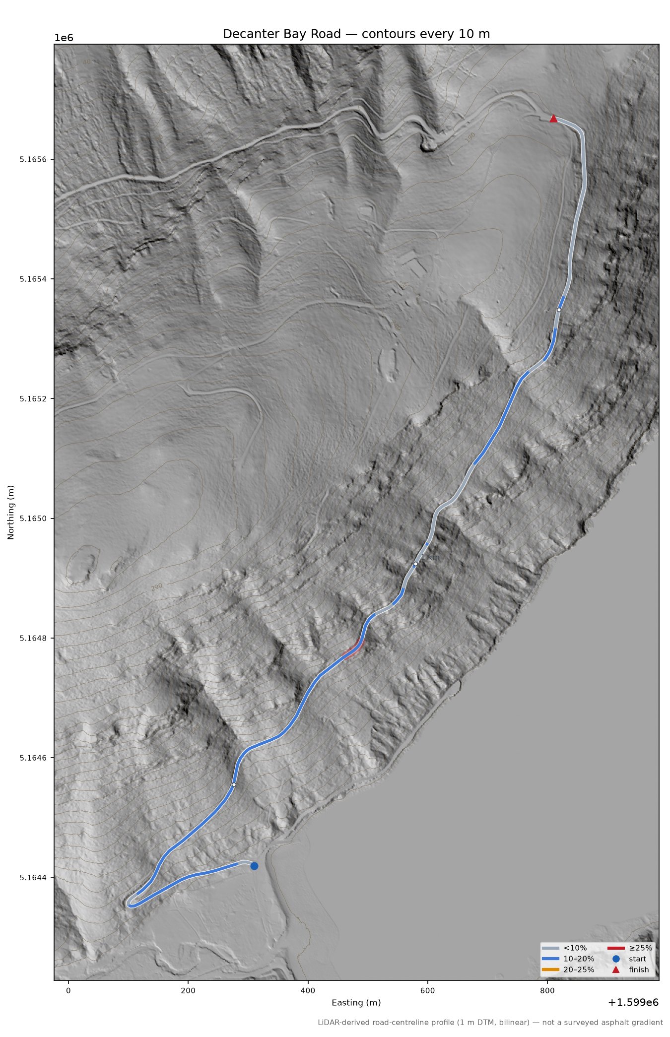 Decanter Bay Road LiDAR hillshade map with contours