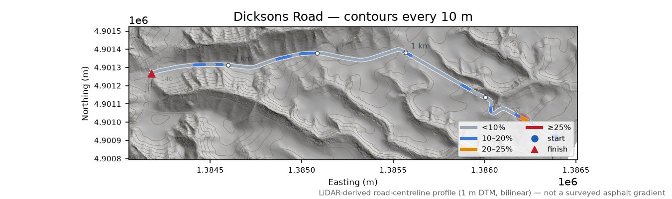 Dicksons Road LiDAR hillshade map with contours