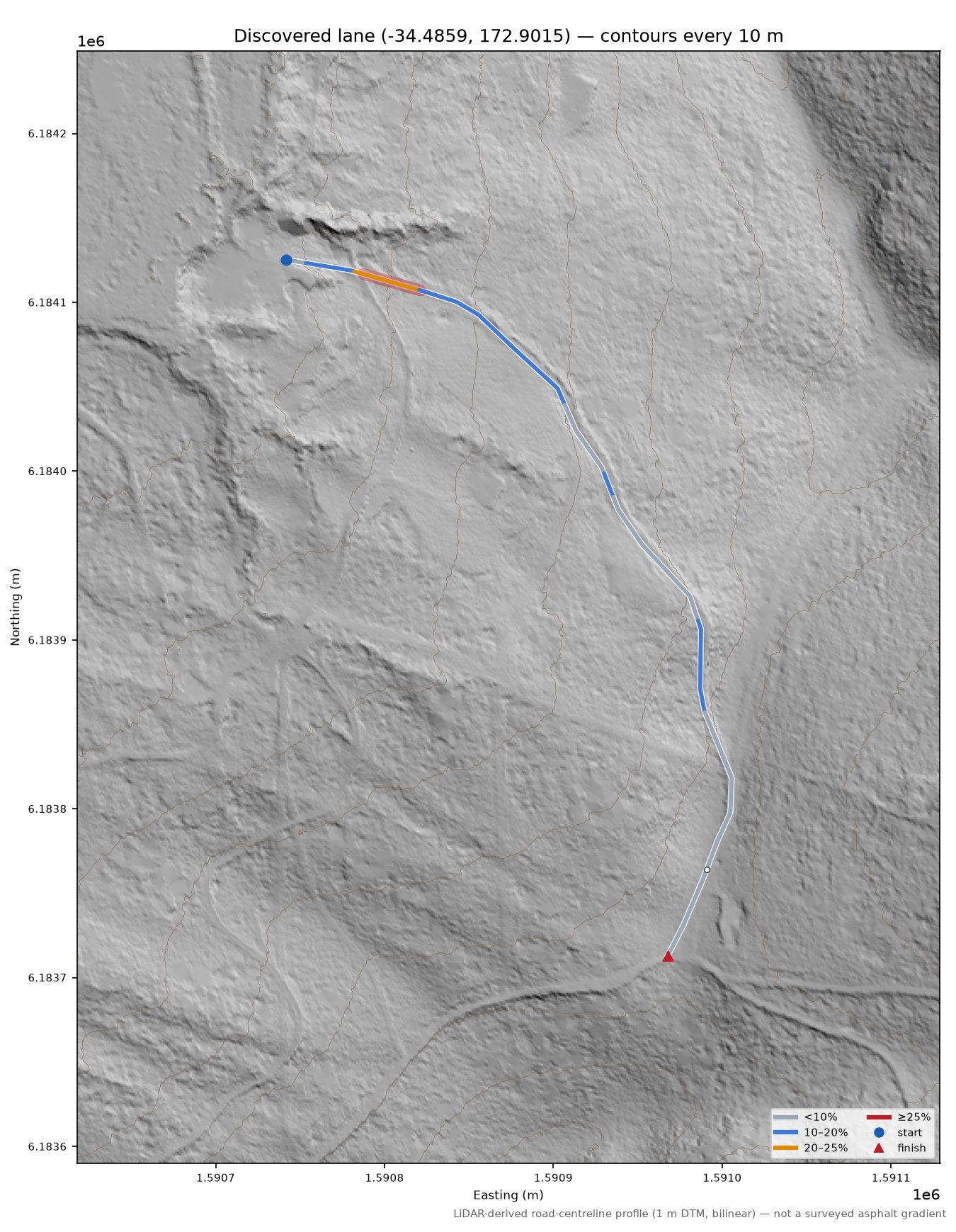 Discovered lane (-34.4859, 172.9015) LiDAR hillshade map with contours