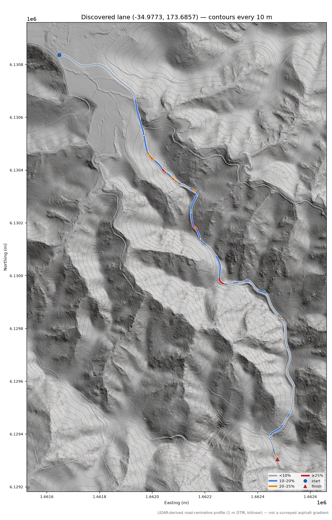 Discovered lane (-34.9773, 173.6857) LiDAR hillshade map with contours