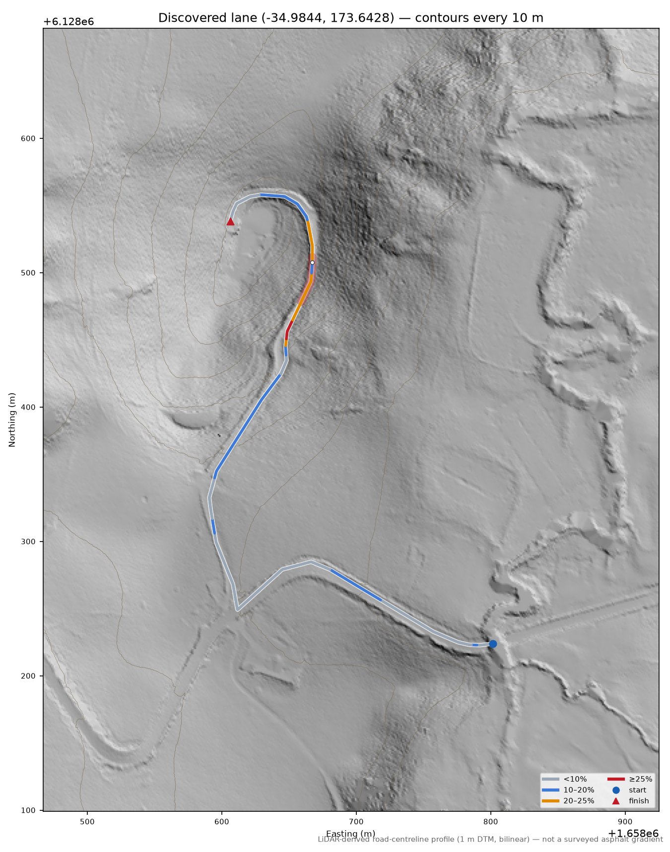 Discovered lane (-34.9844, 173.6428) LiDAR hillshade map with contours