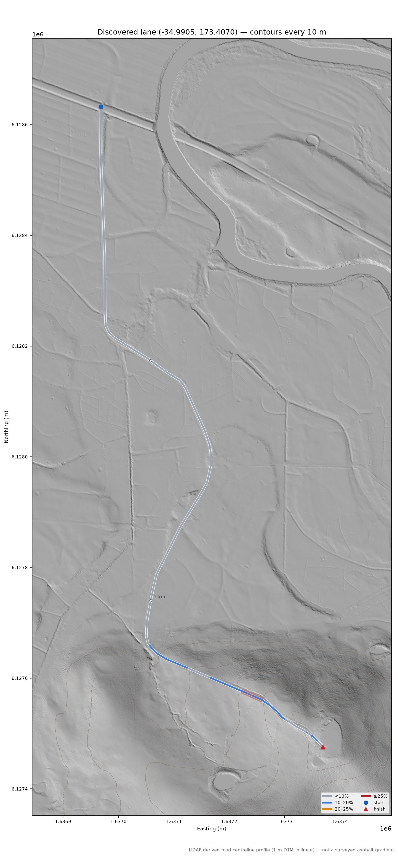 Discovered lane (-34.9905, 173.4070) LiDAR hillshade map with contours