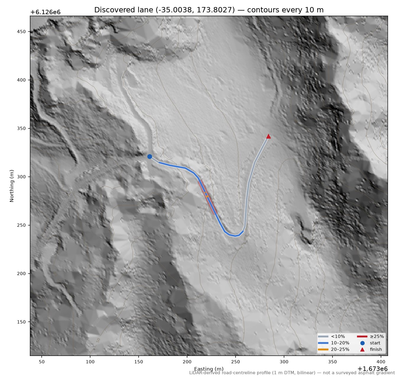 Discovered lane (-35.0038, 173.8027) LiDAR hillshade map with contours